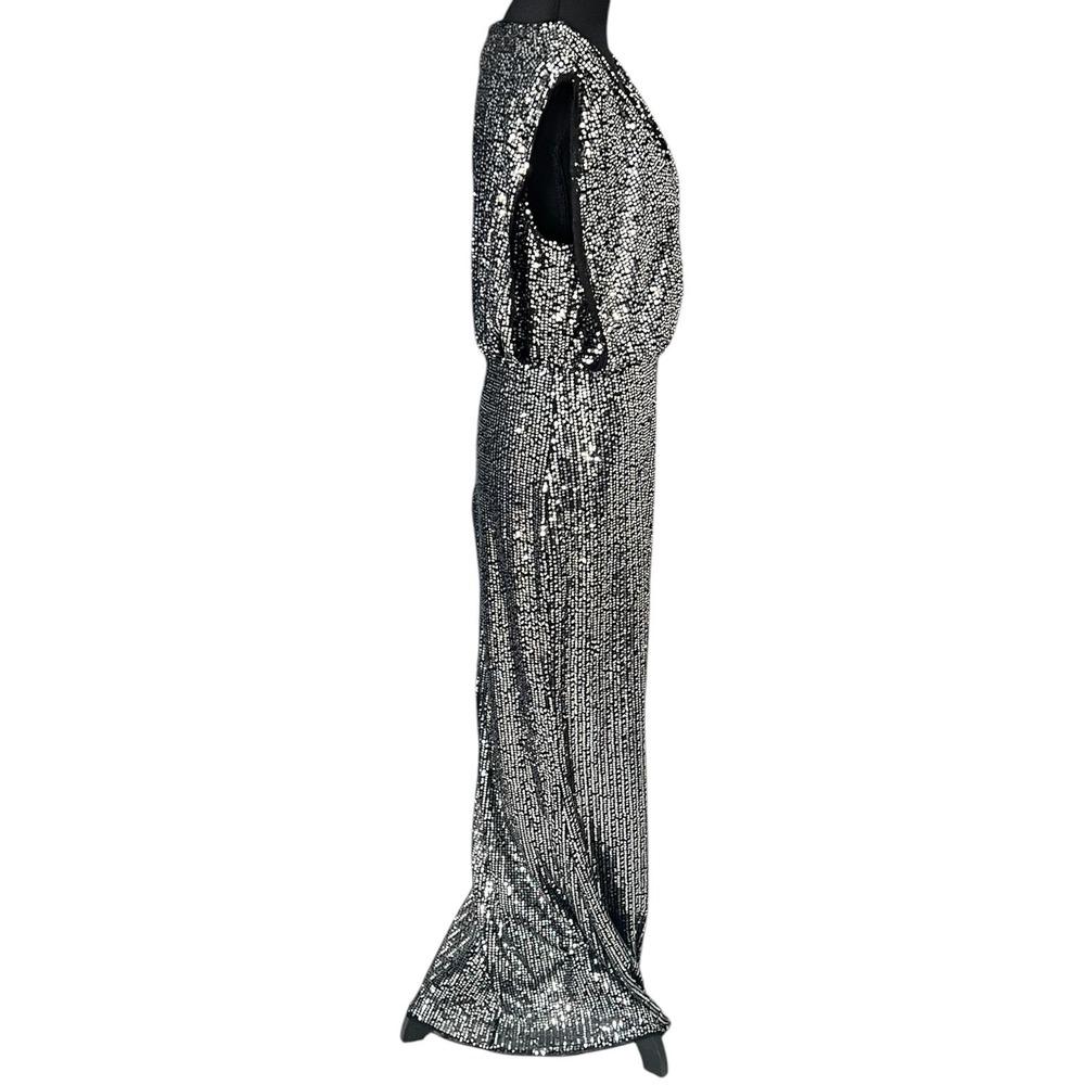 Black Silver Sequin Maxi Dress M Deep V Slit Glam Evening Gown - Picture 4 of 16